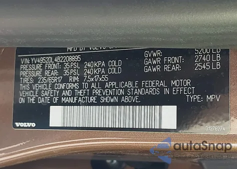 2011 Volvo Xc60 3.2/3.2 R-Design z USA, uszkodzony, nr VIN YV4952DL4B2208895